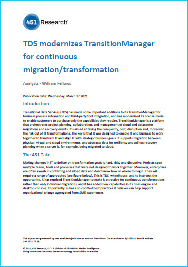 451 Research: TDS Modernizes TransitionManager for Continuous Migration Transformation